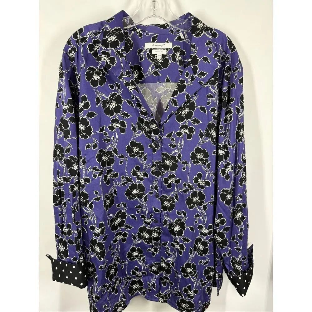 Foxcroft NYC Women wrinkle free black purple floral long cuff sleeve top size 22